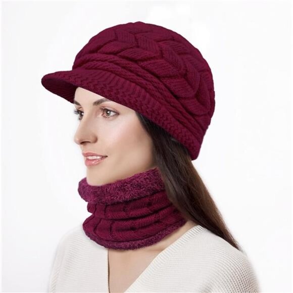 3 PCS Knit Winter Hat Gloves Scarf Set Beanie Neck Warmer‎ Touch Screen Maroon - Picture 1 of 5